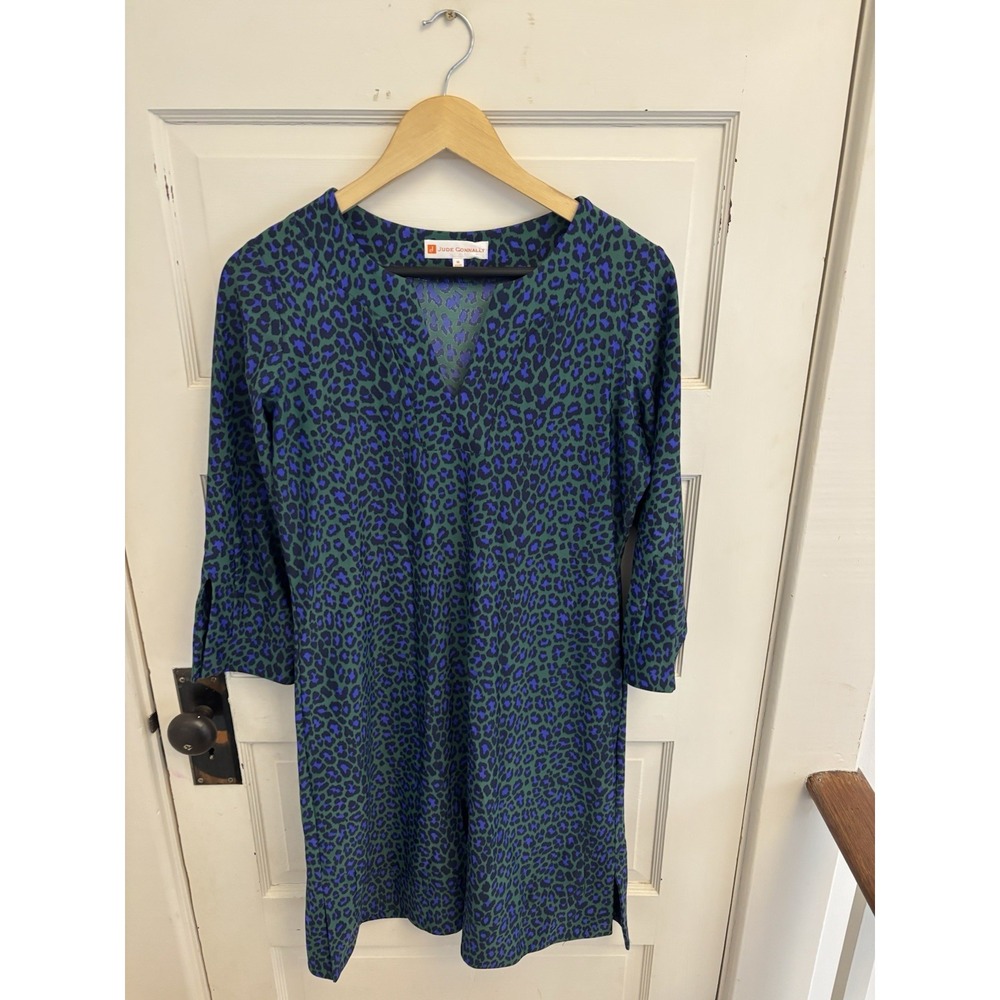 Jude Connally Women's Megan Tunic Dress Green Leopard Stretch 3/4 Sleeve M $228